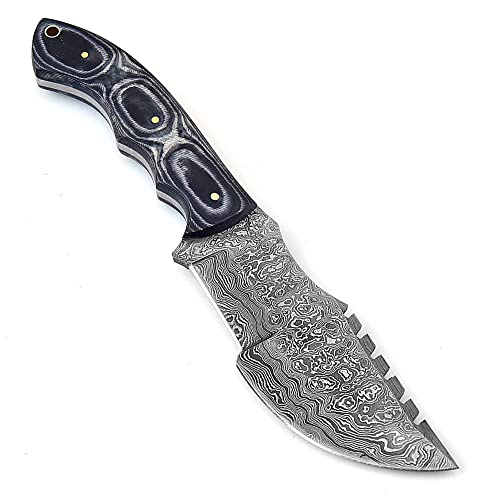 Custom Damascus Steel Tracker Knife - 10 Inch Black Micarta Handle