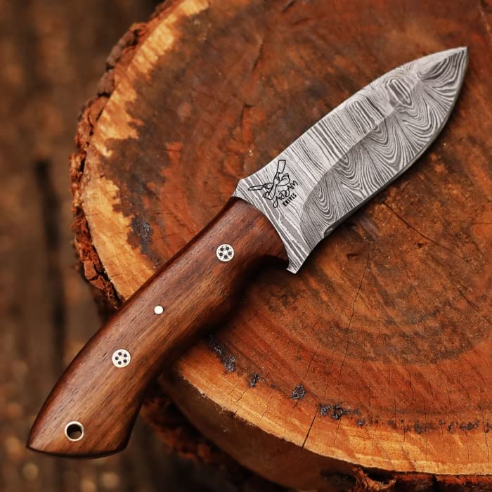 Brown Damascus Steel Hunting Knife, 9'' Full Tang, Wooden Handle, Leather Sheath, Camping Knife